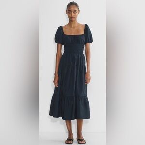 Wilfred Aritzia Allegoria Poplin Dress Navy Puff Sleeve Smocked Midi L